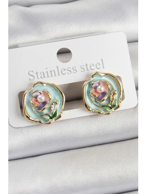 Calperia Pirinç Yeşil Mineli Çiçek Figürlü Sanatsal Portre Model Gold Renk Kadın Küpe - Lisinya