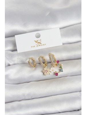 Calperia Pirinç Gold Renk Çiçek Model 3'lü Kadın Küpe
