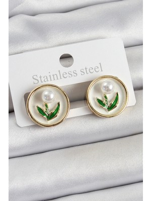 Calperia Pirinç Beyaz Mineli Lale Figürlü Sanatsal Portre Model Gold Renk Kadın Küpe