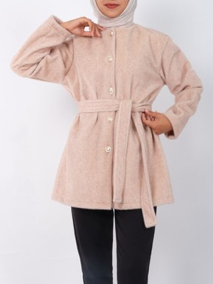Modamorfo Düğmeli Beli Bağlamalı Kürklü Ceket -Bej