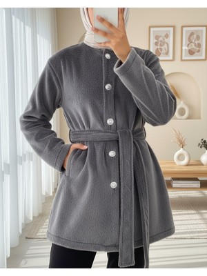 Modamorfo Düğmeli Beli Bağlamalı Kürklü Ceket -Füme