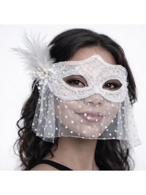 MiraLive Beyaz Dantel Tüllü Peçeli Parti Maskesi – Tüylü Inci Detaylı