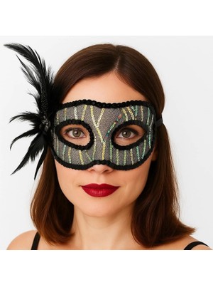 MiraLive Siyah Renk Yandan Tüylü Pul Payet Işlemeli Parti Maskesi 23X12 cm