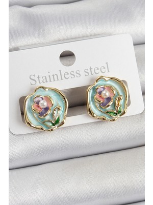 Calperia Pirinç Yeşil Mineli Çiçek Figürlü Sanatsal Portre Model Gold Renk Kadın Küpe