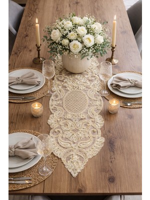 Lena Maison Luna Altın Simli Krem Dantel Runner/masa-Konsol Örtüsü 35X105 cm