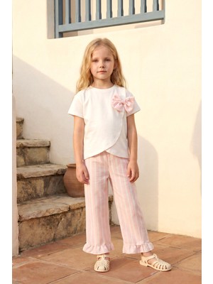 Minipodyum Kız Çocuk Alt Üst Takım Çizgili Pantolonlu Fiyonk Detaylı
