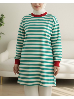 Modamorfo Renkli Çizgili Yuvarlak Yaka Sweat  -Zümrüt