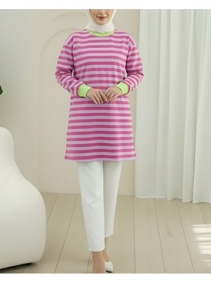 Modamorfo Renkli Çizgili Yuvarlak Yaka Sweat  -Fuşya