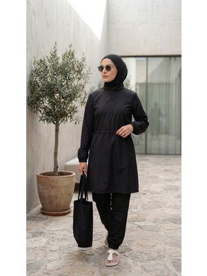 Plistre Kadın Düz Siyah Fermuarlı Paça Lastikli Bel Stoperli Çantalı 4\'lü Paraşüt Tesettür Mayo Takım __2309