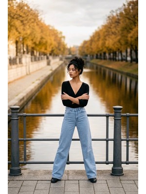 Hies Bol Paça Palazzo Likralı Kadın Jeans Buz Mavisi Pantolon - Yeni Sezon