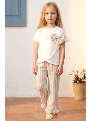 Minipodyum Kız Çocuk Alt Üst Takım Çizgili Pantolonlu Fiyonk Detaylı