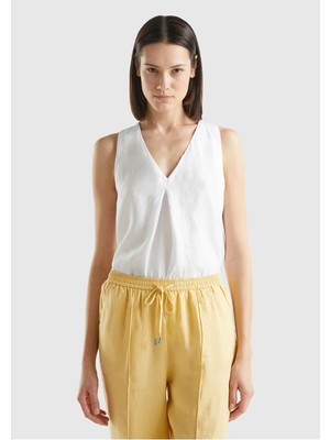 United Colors Of Benetton %100 Keten V Yaka Kolsuz Geniş Kesim Bluz Model Kodu: 5BMLDQ06W101
