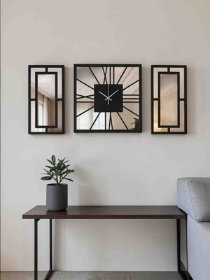 Ergeç Tasarım 3 Parça Aynalı Duvar Saati Seti 40 cm Saat + 40X20 cm Dekoratif Paneller Modern Salon Dekoru