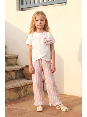 Minipodyum Kız Çocuk Alt Üst Takım Çizgili Pantolonlu Fiyonk Detaylı