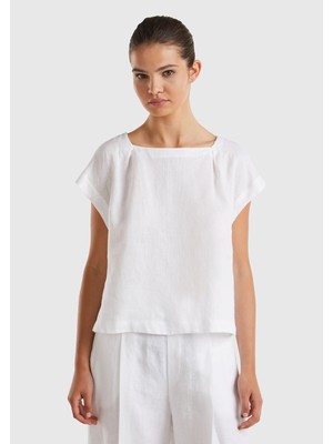 United Colors Of Benetton %100 Keten Arkası Uzun Kayık Yaka Crop Bluz Model Kodu: 5BMLDQ079101