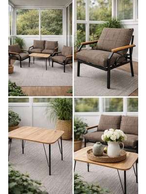 Dekoport Kutay Bahçe, Balkon, Çay Seti Koltuk Takımı, Metal Kanepe Güneşe Dayanıklı Kumaş 2-1-1 Sehpalı Vizon