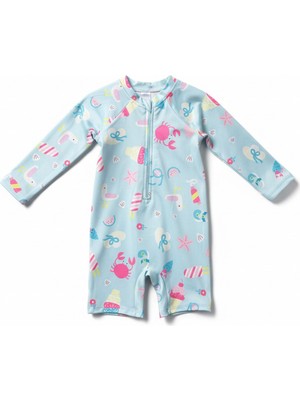 Minipodyum Kız Bebek Yüzücü Mayosu Uzun Kollu Deniz Canlıları Desenli