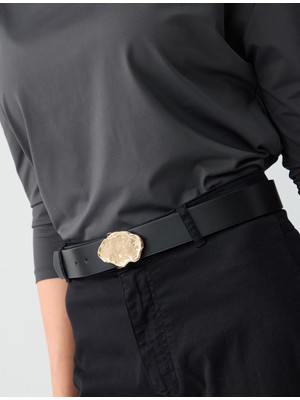 Jimmy Key Siyah Deri Görünümlü Parlak Metal Tokalı Kemer