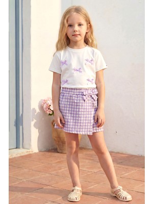 Minipodyum Kız Çocuk Alt Üst Takım Yazlık Ekose Şort Etekli Fiyonk Detaylı