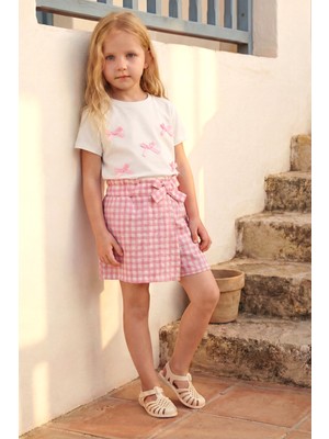 Minipodyum Kız Çocuk Alt Üst Takım Yazlık Ekose Şort Etekli Fiyonk Detaylı
