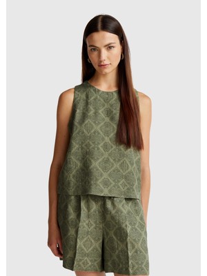 United Colors Of Benetton %100 Keten Desenli Kolsuz Bluz Model Kodu: 5KPRDQ0BUHAKI