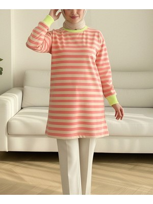 Modamorfo Renkli Çizgili Yuvarlak Yaka Sweat   -Turuncu