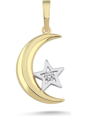 Zümrüt Sarraf 14 Ayar Altın Tektaş Ay Yıldız Kolye Ucu