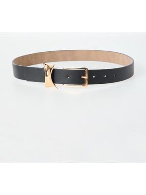 Jimmy Key Siyah Deri Görünümlü Ince Metal Tokalı Kemer