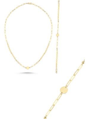 Zümrüt Sarraf 14 Ayar Altın Pullu Ataç Zincir Kolye Bileklik Set