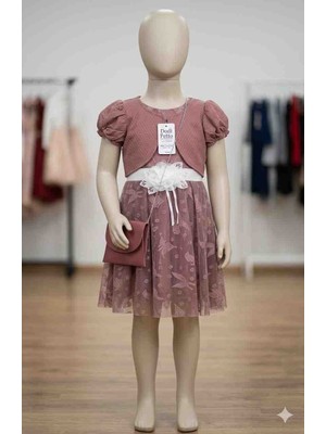 Kız Çocuk Bolerolu Çantalı Tül Detaylı Abiye Elbise ​Dodi Petto  (4 - 6 Yaş)