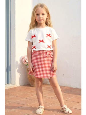 Minipodyum Kız Çocuk Alt Üst Takım Yazlık Ekose Şort Etekli Fiyonk Detaylı