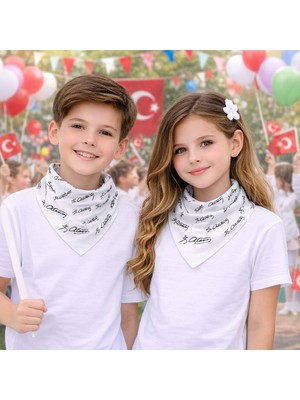 Herşey Nota Beyaz Atatürk Imza Desenli Kare Fular Bandana 24’lü Set Unisex