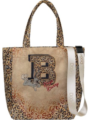 Dogo Kadın Vegan Krem Leopar Large Tote Bag - Warner Bros Looney Tunes Leopard Bugs Bunny Tasarım