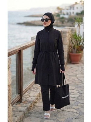 Plistre Kadın Siyah Tam Boy Fermuarlı Çantalı 4\'lü Tesettür Su Iticili Paraşüt Mayo Takım  - Astarlı  _2310