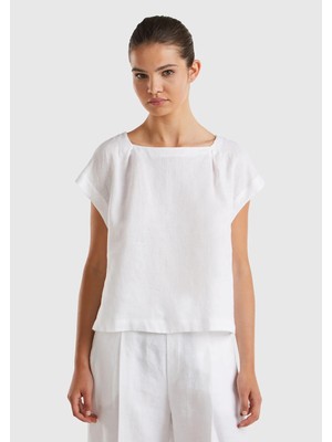 United Colors Of Benetton %100 Keten Arkası Uzun Kayık Yaka Crop Bluz Model Kodu: 5BMLDQ079101