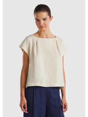 United Colors Of Benetton %100 Keten Arkası Uzun Kayık Yaka Crop Bluz Model Kodu: 5BMLDQ079152