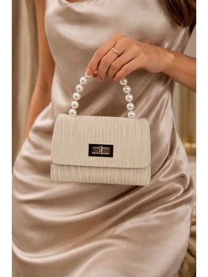 Addy Krem Çizgili Desenli Incili Gold Zincir Askılı Portföy Omuz ve El Çantası E18 B12