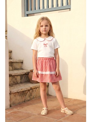 Minipodyum Kız Çocuk Alt Üst Takım Yazlık Ekose Desenli Etekli Yaka Detaylı