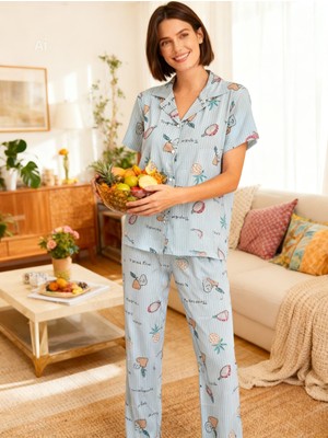 NiCe İç Giyim Tropik Meyve Temalı Gömlek Yaka Düğmeli Yeşil Renk Milan Kumaş Kadın Pijama Takım