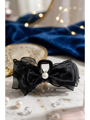 Efela Dünyası Yarım Incili Tül Kumaş Fiyonk Mandal Toka 13 cm