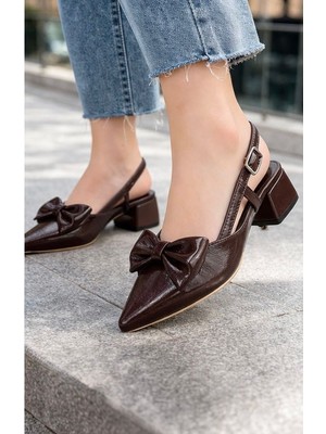 papucumun dünyası Deri Fiyonklu  Kalın Kısa Topuklu Kadın  Ayakkabı