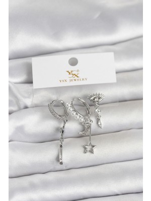 Pileli Store Pirinç Gümüş Renk Zirkon Taşlı Gece Temalı 3'lü Kadın Küpe - TJ-BKP11704