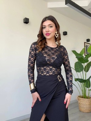 Şamdan Yüksek Bel Drapeli Siyah Midi Etek – Yırtmaçlı Şık Ofis Eteği