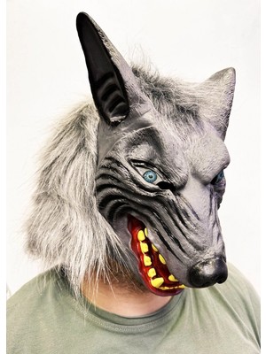 MiraLive Kafaya Tam Geçmeli Lateks Mavi Gözlü Dişli Ağzı Açık Kurt Maskesi
