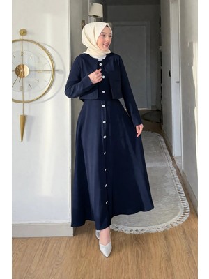 Tesettür Diyarı Krep Kumaş Üstü Ceketli Elbise-Lacivert