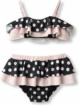 Minipodyum Kız Çocuk Bikini Takımı Fırfır Detaylı Puantiyeli Hijyenik Pedli