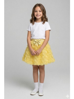 Kinderos Beli Lastikli Papyonlu Güllü Kız Çocuk Tütü Etek - 26Y 2831