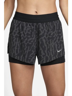 Nike Swift Dri Fit Mid-Rise 2-In-1 Printed Womens Running Short Taytlı Reflektörlü Kadın Koşu Taytı Koyu Gri