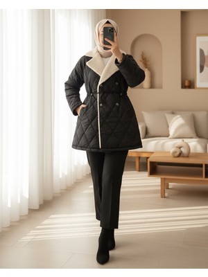 Modamorfo Beli Lastikli Peluş Detaylı Kapitone Mont -Siyah