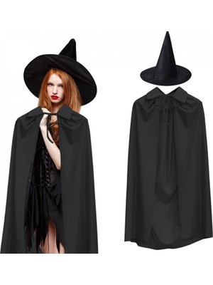 MiraLive 120 cm Siyah Yakalı Pelerin ve Siyah Cadı Şapkası Kostüm Seti